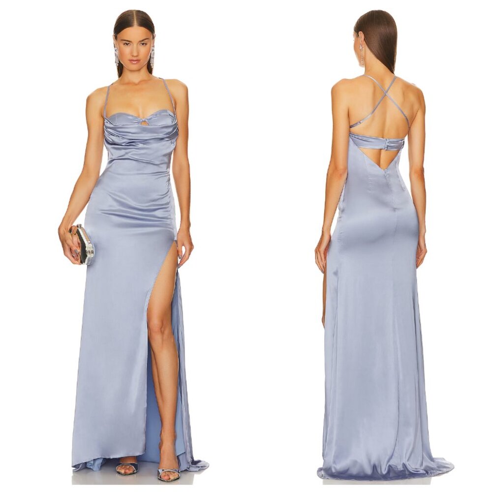 Michael Costello x Revolve Alaina Grey Blue Satin Cut Out Wire Maxi Gown Dress